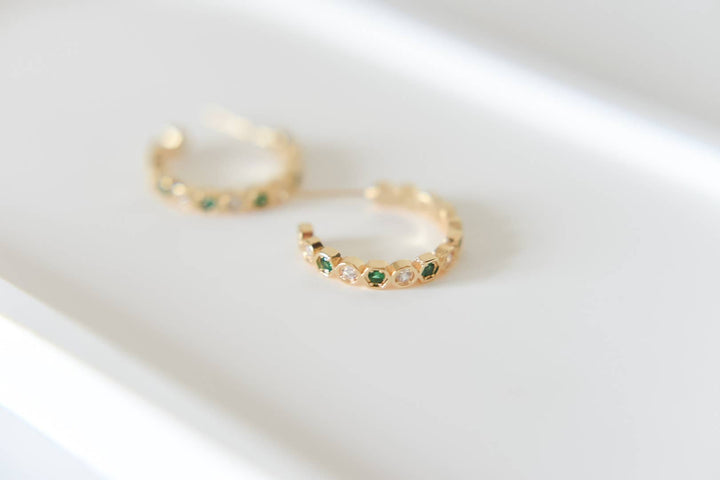 Mayble gold plated hoop studs | emerald green cz BRE37