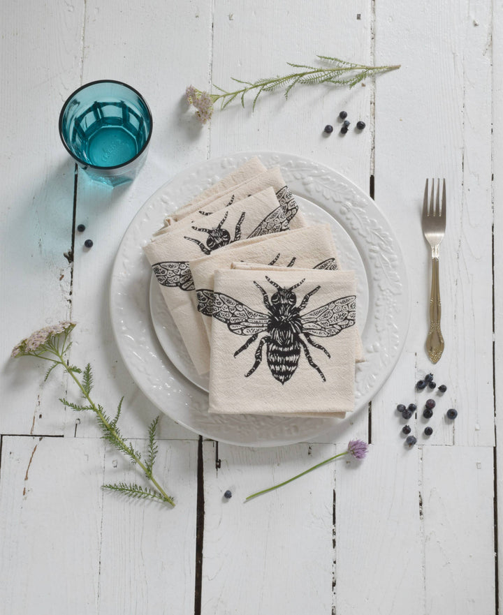 Set of 4 Organic Cotton Honeybee Napkins - Black - Bees HH993