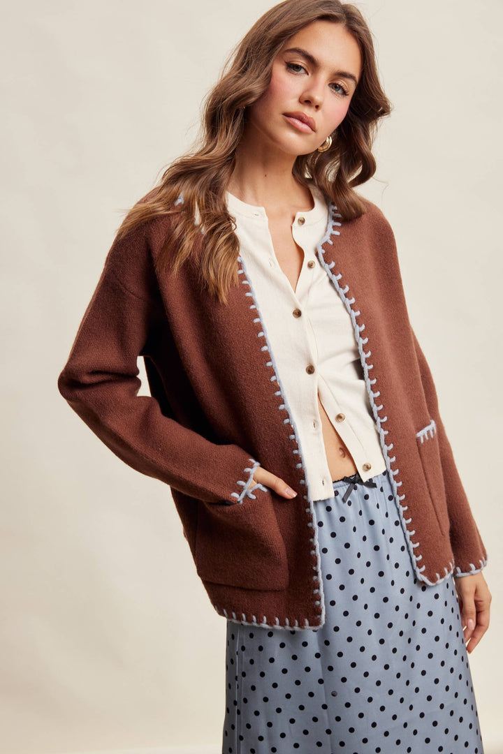 Contrast Whipstitch Knit Cardigan LSW1066