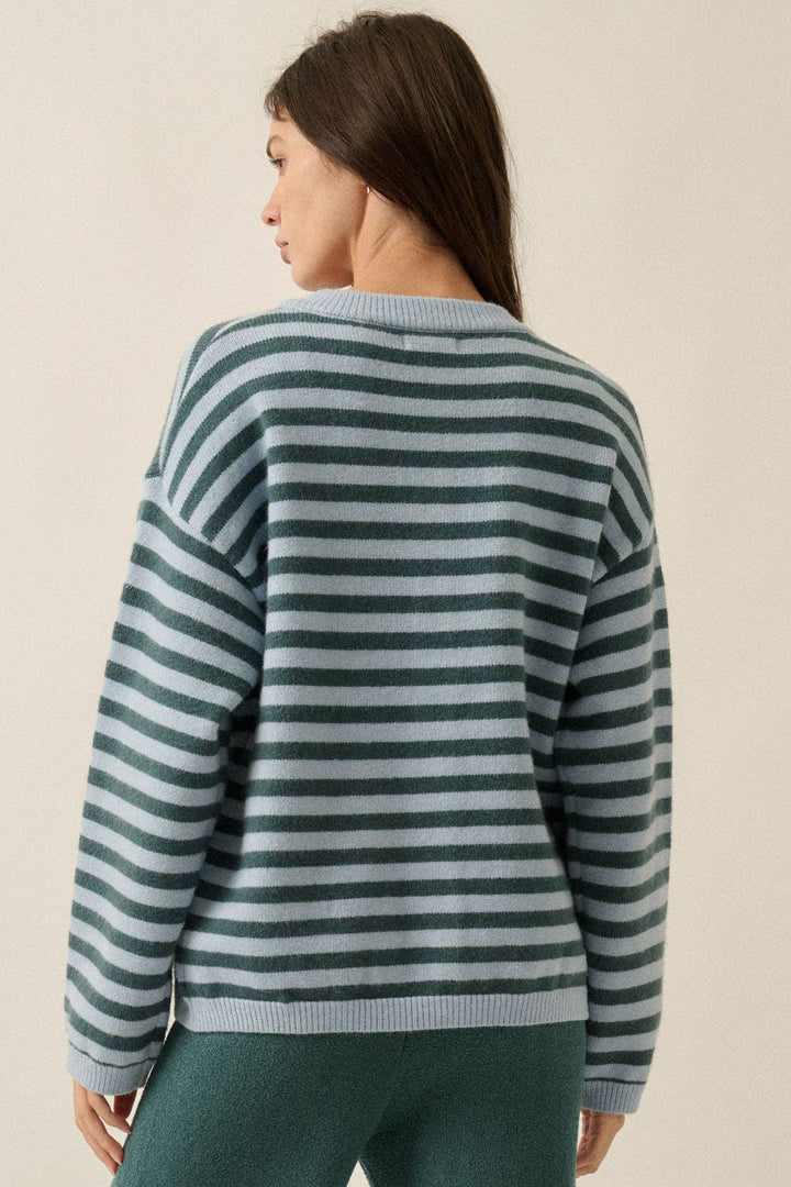 Striped Knit Crewneck Button-Front Relaxed-Fit Cardigan
