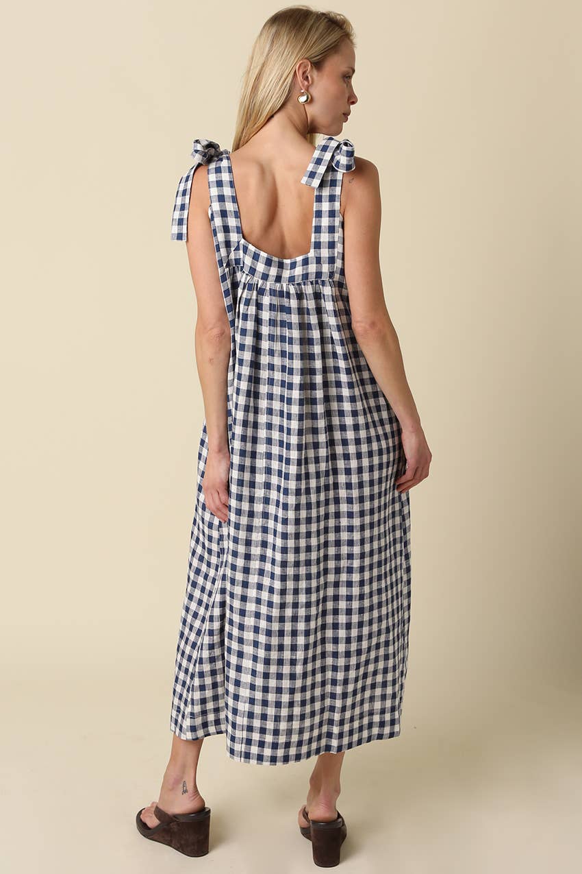 Mia Gingham Tie Strap Maxi Linen Dress OL24