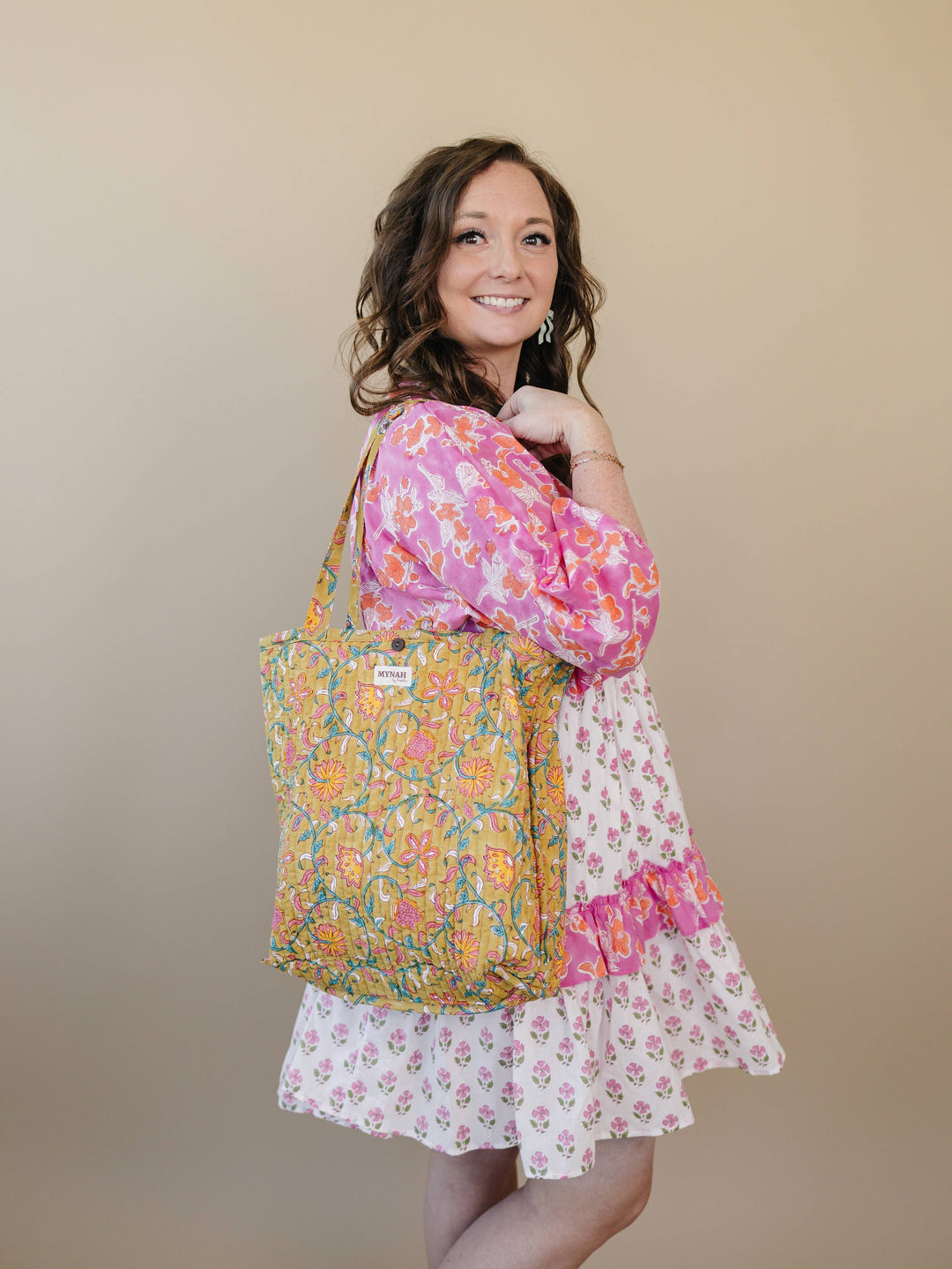 Quilted block print reversible tote bag-compact laptop bag MH42