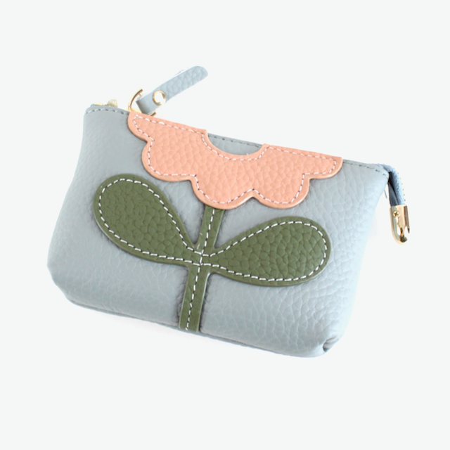 Flower Applique Leather Coin Purse w/Keychain