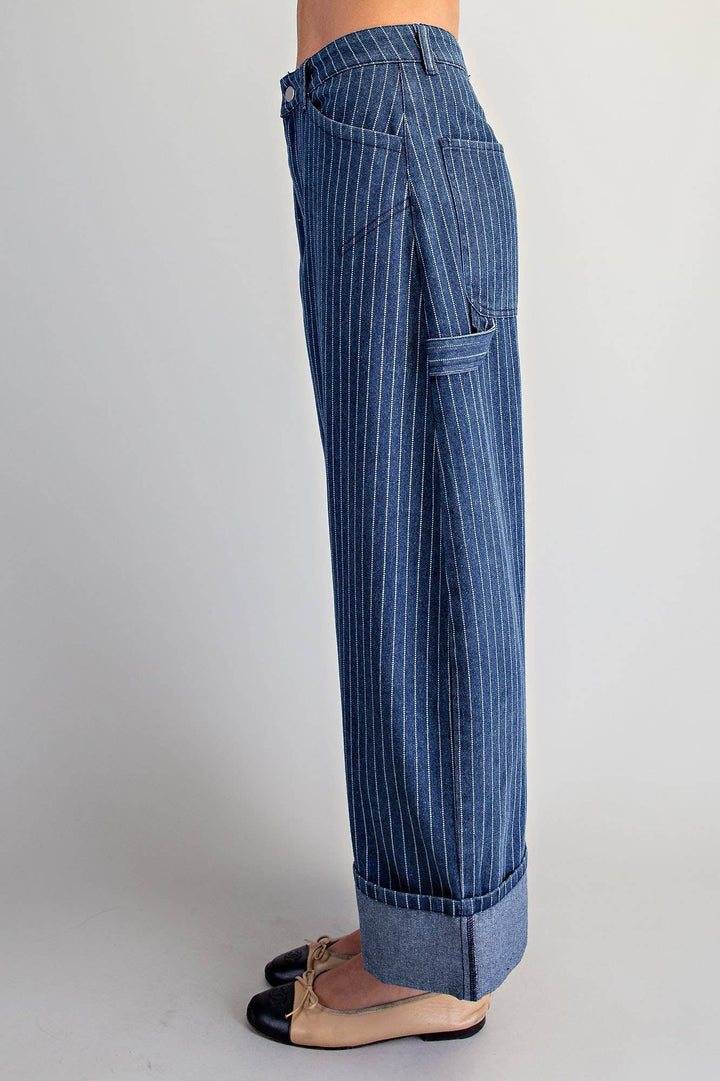 PL404 - STRIPED BARREL LEG CUFFED PANTS