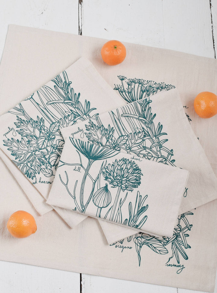 Set of 4 Organic Cotton Herbs Napkins - Green - Herb Plants HH989