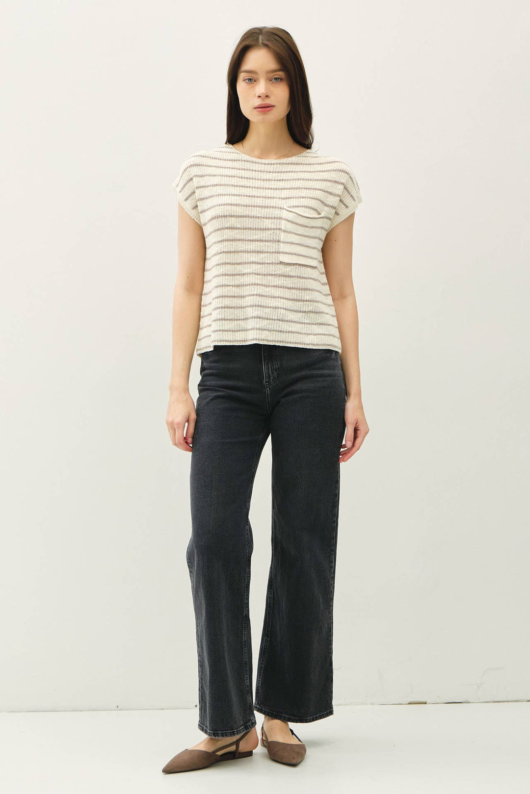 STRIPED CAP SLEEVE SWEATER W FRONT PATCH POCKET BC564