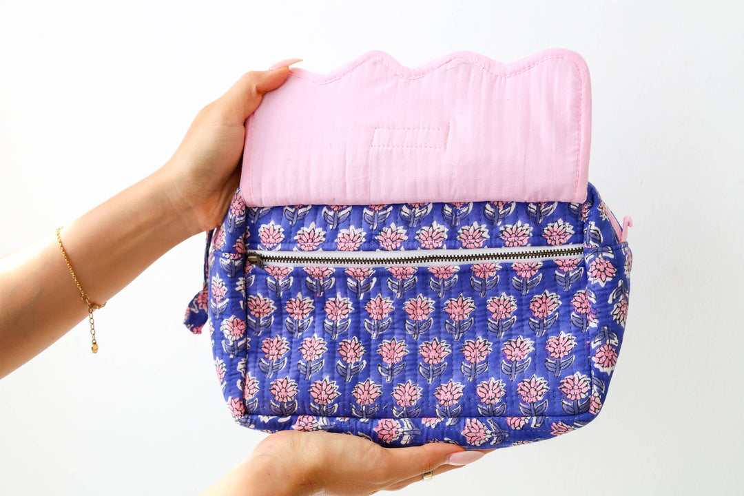 Scalloped Block Print Toiletry Bag Cotton Makeup Travel Case