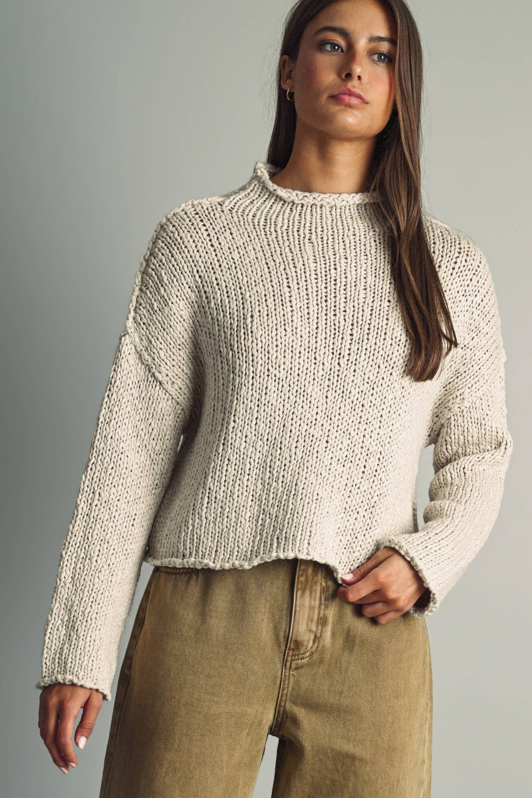 T673   ROLL HEMMING LONG SLEEVE SWEATER TOP
