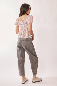 PATCH POCKET WIDE LEG CULOTTE DENIM BARREL PANTS