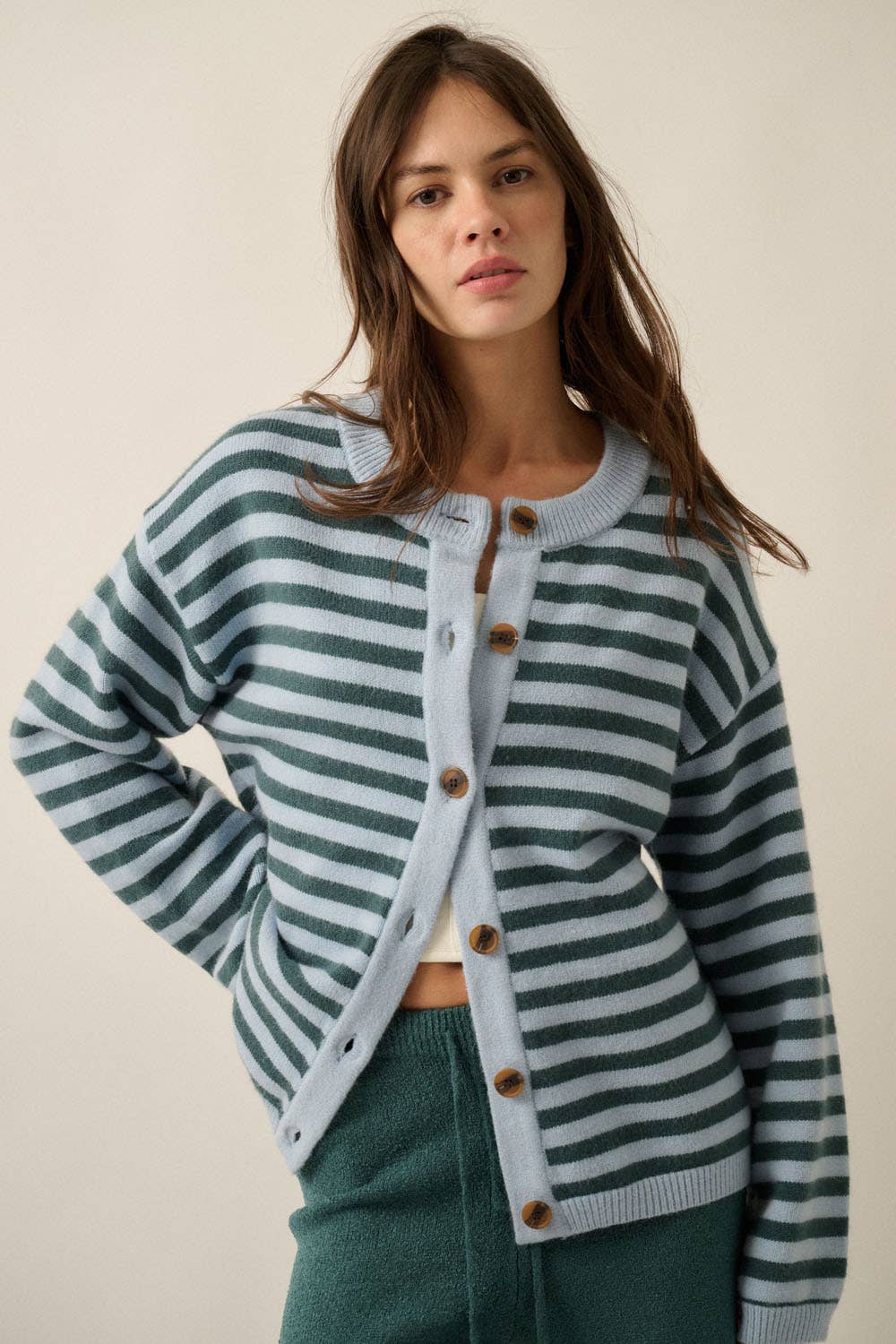 Striped Knit Crewneck Button-Front Relaxed-Fit Cardigan