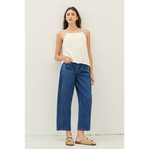 MID RISE BARREL LEG ANKLE DENIM PANTS WITH POCKETS
