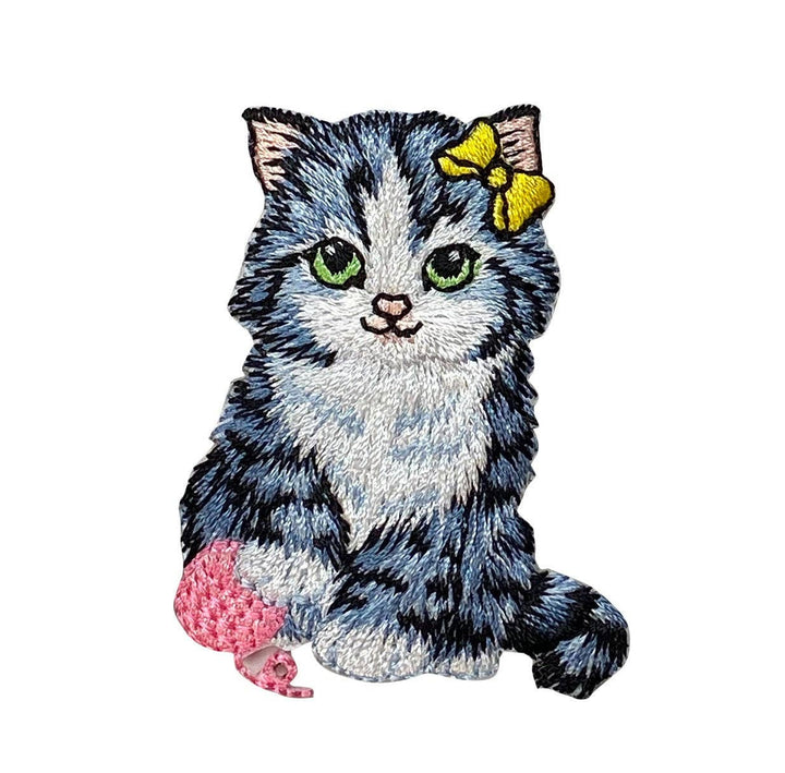 Cat with Pink Yarn Ball, Embroidered, Iron-on Patch IR