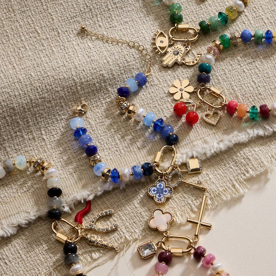 Colorful Beaded Charm Bracelet with Gold Trio Accent LLHB