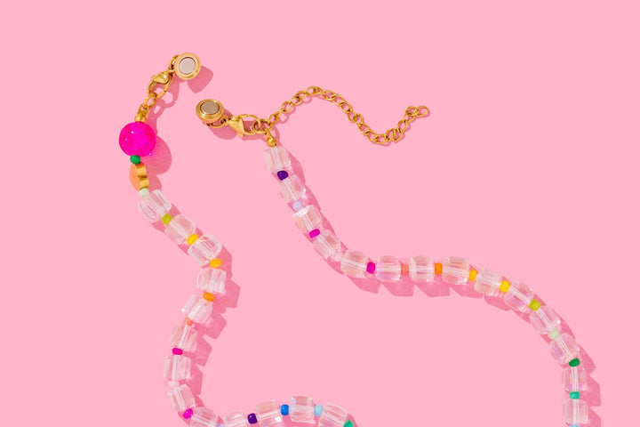 Beaded Necklace - Green + Pink Beads - Maddie