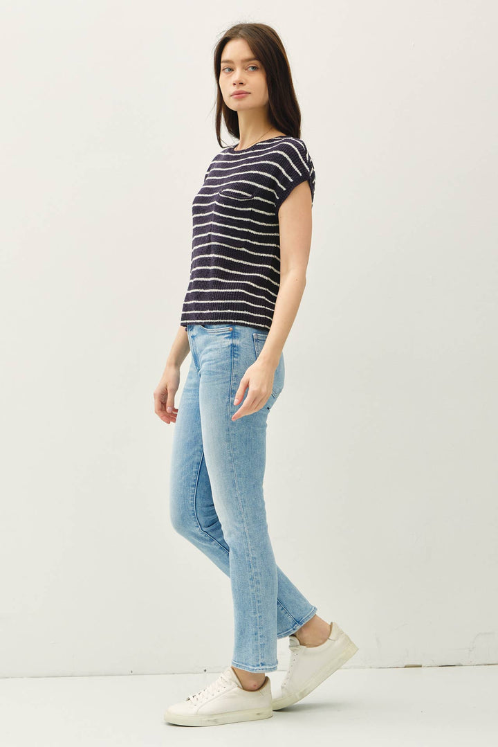 STRIPED CAP SLEEVE SWEATER W FRONT PATCH POCKET BC564