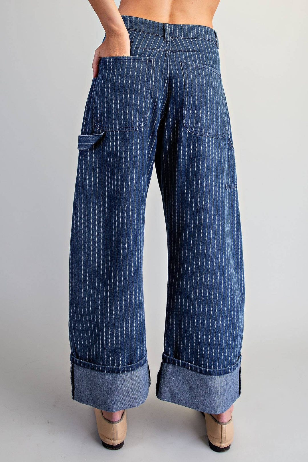 PL404 - STRIPED BARREL LEG CUFFED PANTS