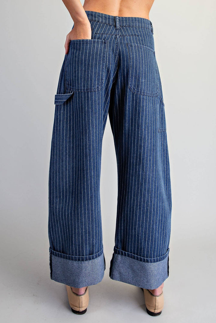 PL404 - STRIPED BARREL LEG CUFFED PANTS