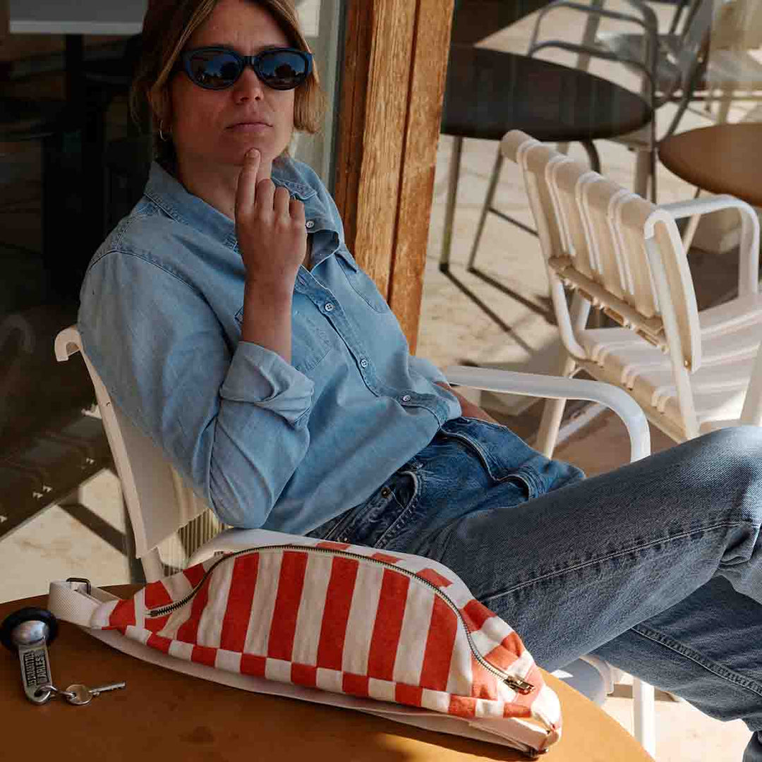 WOMEN BUM BAG STRIPES GREIGE / TOMATO