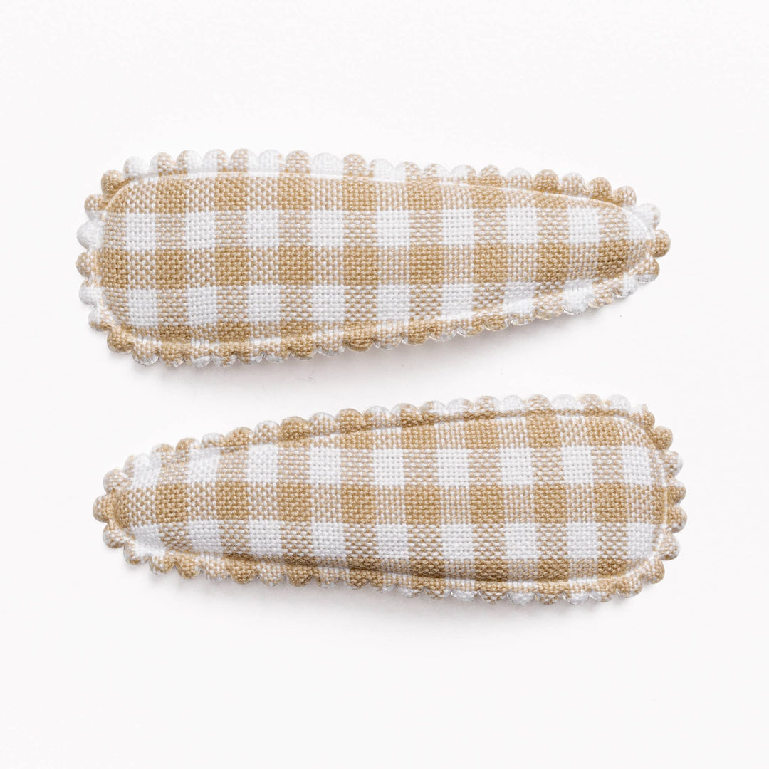 Tan Gingham Checkered Fabric Hair Clips FC94