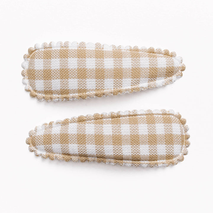 Tan Gingham Checkered Fabric Hair Clips FC94