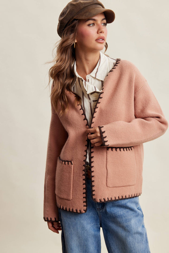 Contrast Whipstitch Knit Cardigan LSW1066