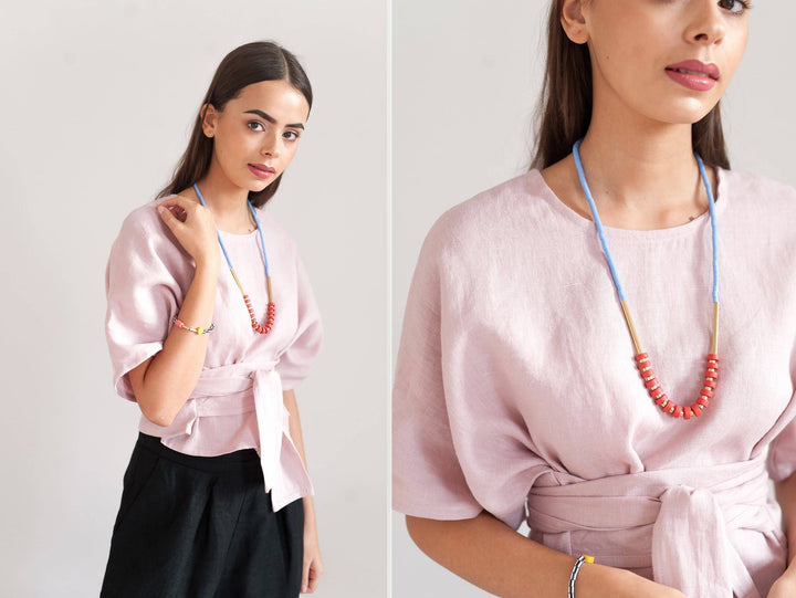 Heishi Salmon Pink &amp; Periwinkle Necklace, Statement Necklace LAN67
