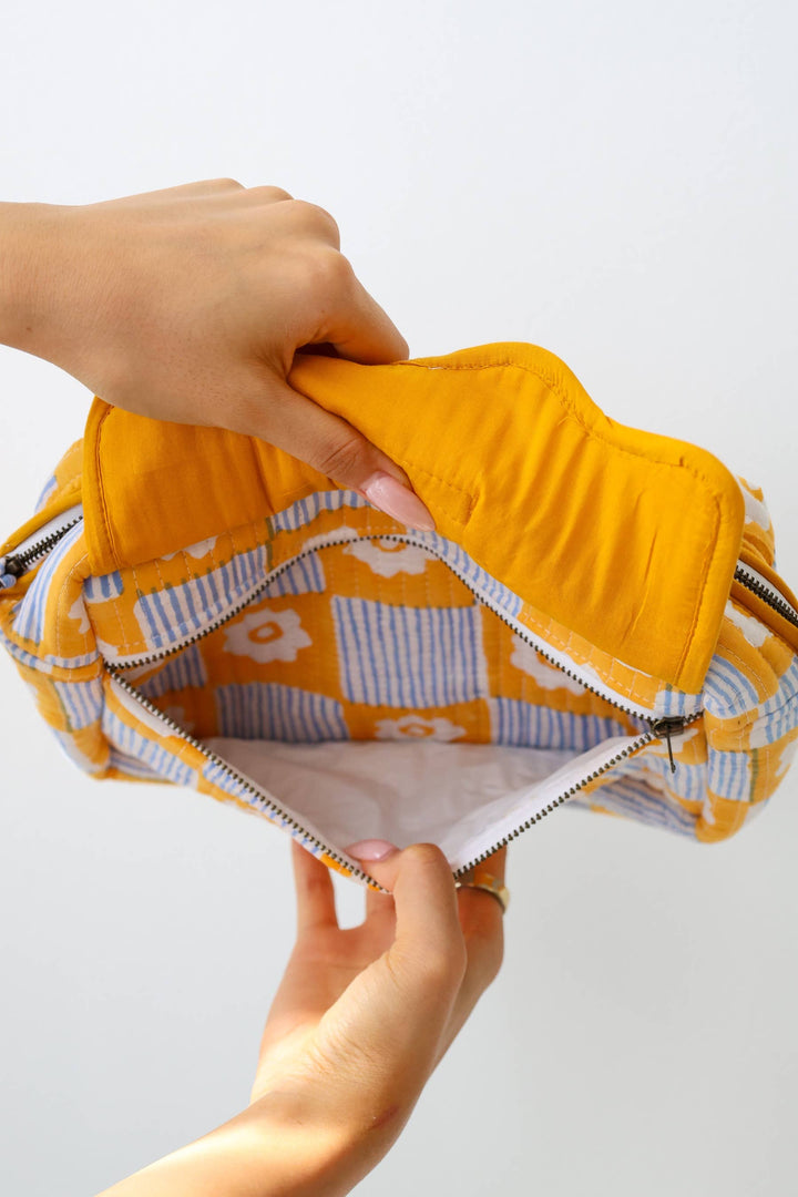 Scalloped Block Print Toiletry Bag Cotton Makeup Travel Case