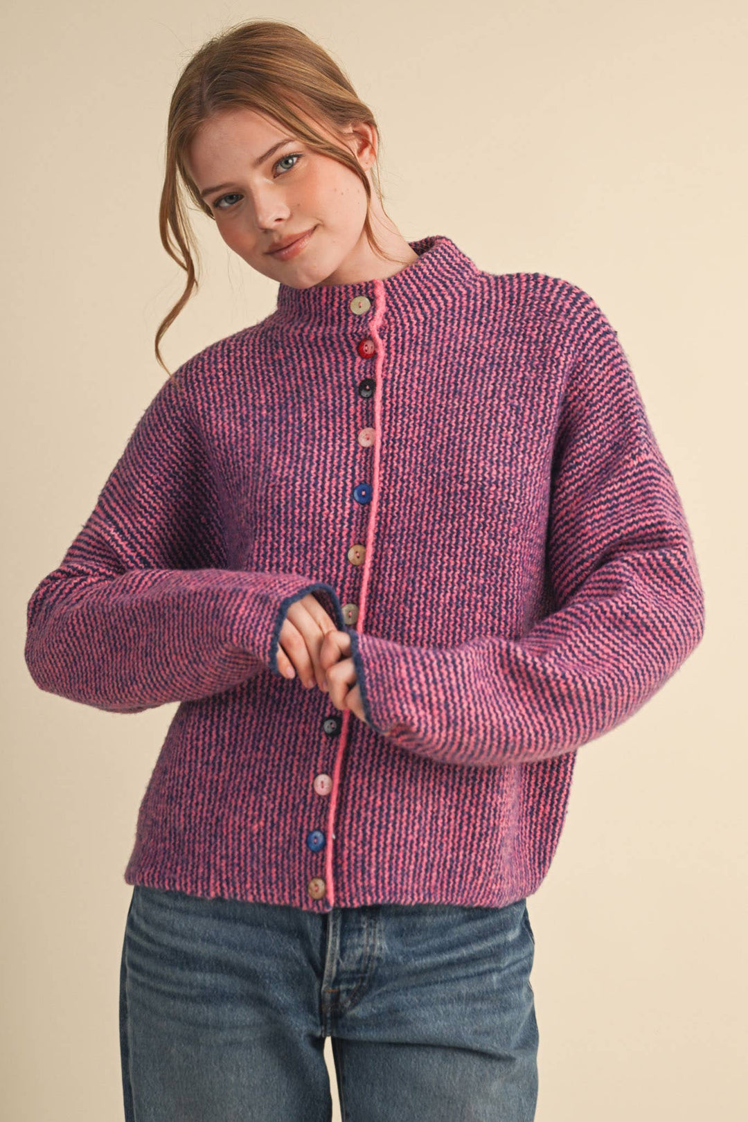 STRIPED SWEATER CARDIGAN WITH COLORFUL BUTTONS MS112
