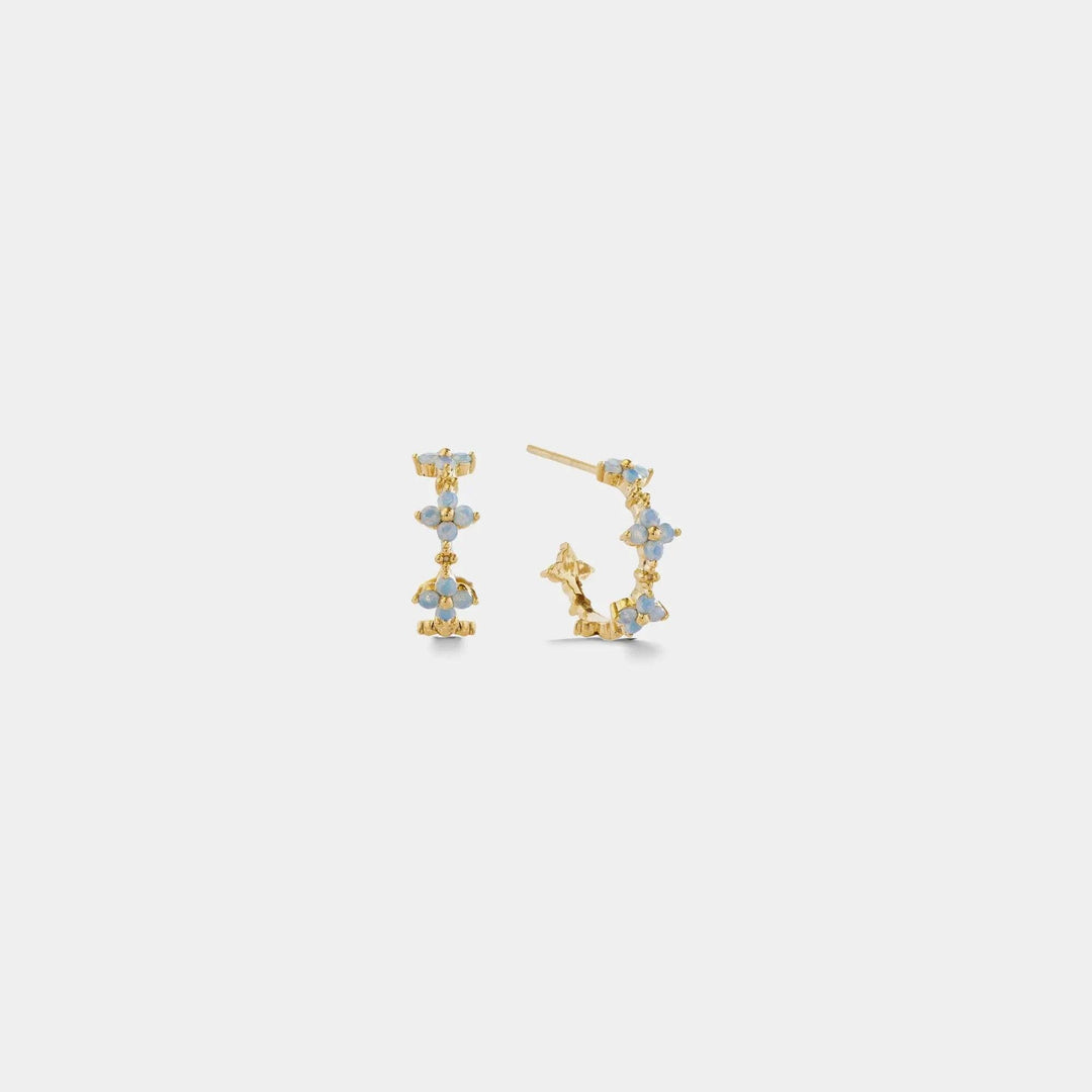 Dainty Blue Opal Flower Hoop Earrings in 925 Sterling Silver