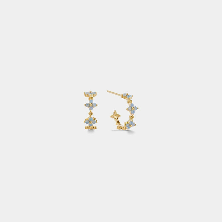 Dainty Blue Opal Flower Hoop Earrings in 925 Sterling Silver