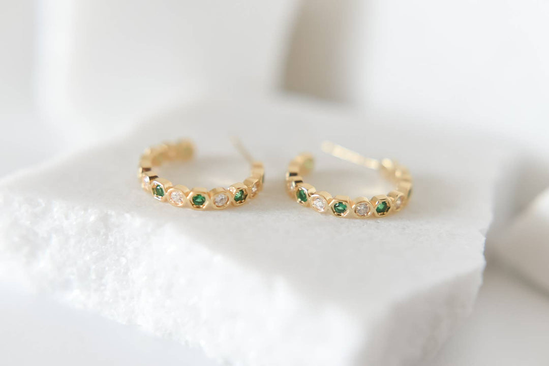 Mayble gold plated hoop studs | emerald green cz BRE37