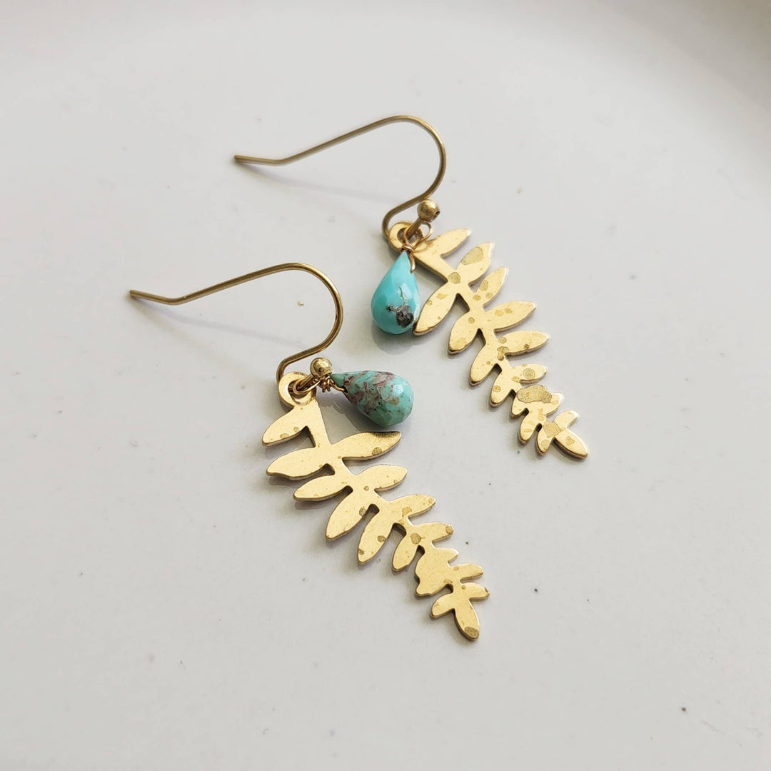 Turquoise Briolette Droplet and Fern Leaf Dangle Earrings