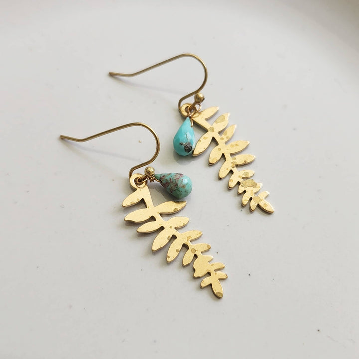Turquoise Briolette Droplet and Fern Leaf Dangle Earrings