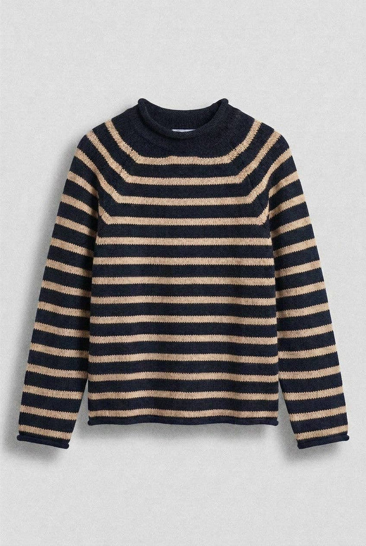 Striped Mock Neck Cotton Knit Sweater