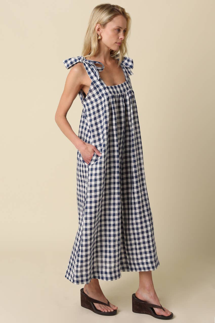 Mia Gingham Tie Strap Maxi Linen Dress OL24