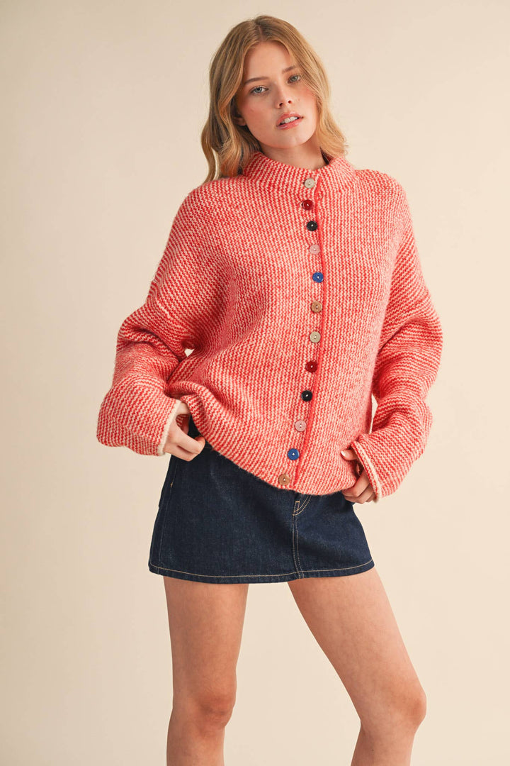 STRIPED SWEATER CARDIGAN WITH COLORFUL BUTTONS MS112
