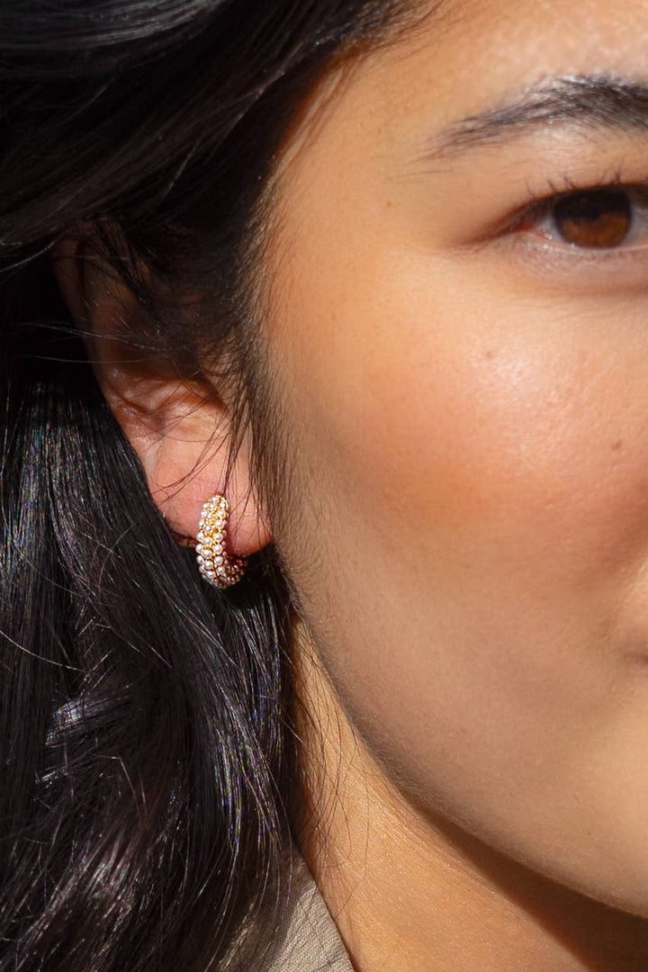 Pearl Mini Dot Hoops - 18K Gold Plated PJ14