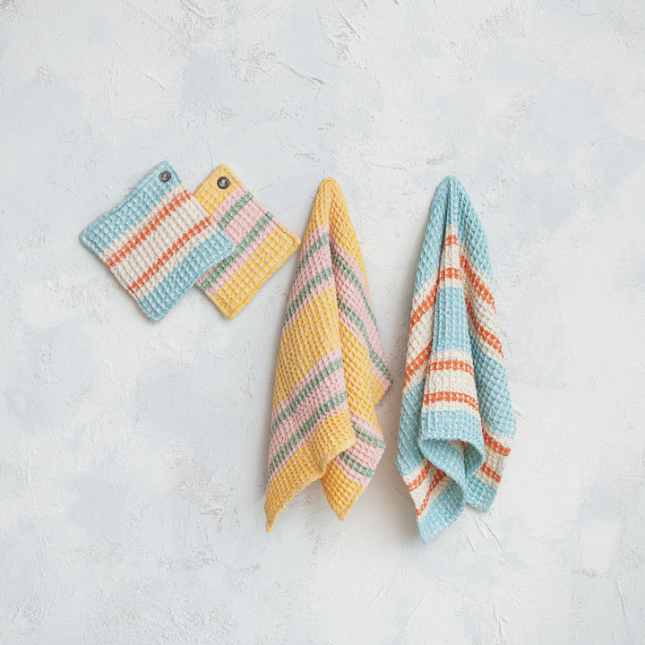 Woven Cotton Waffle Weave Tea Towel w/ Stripes by