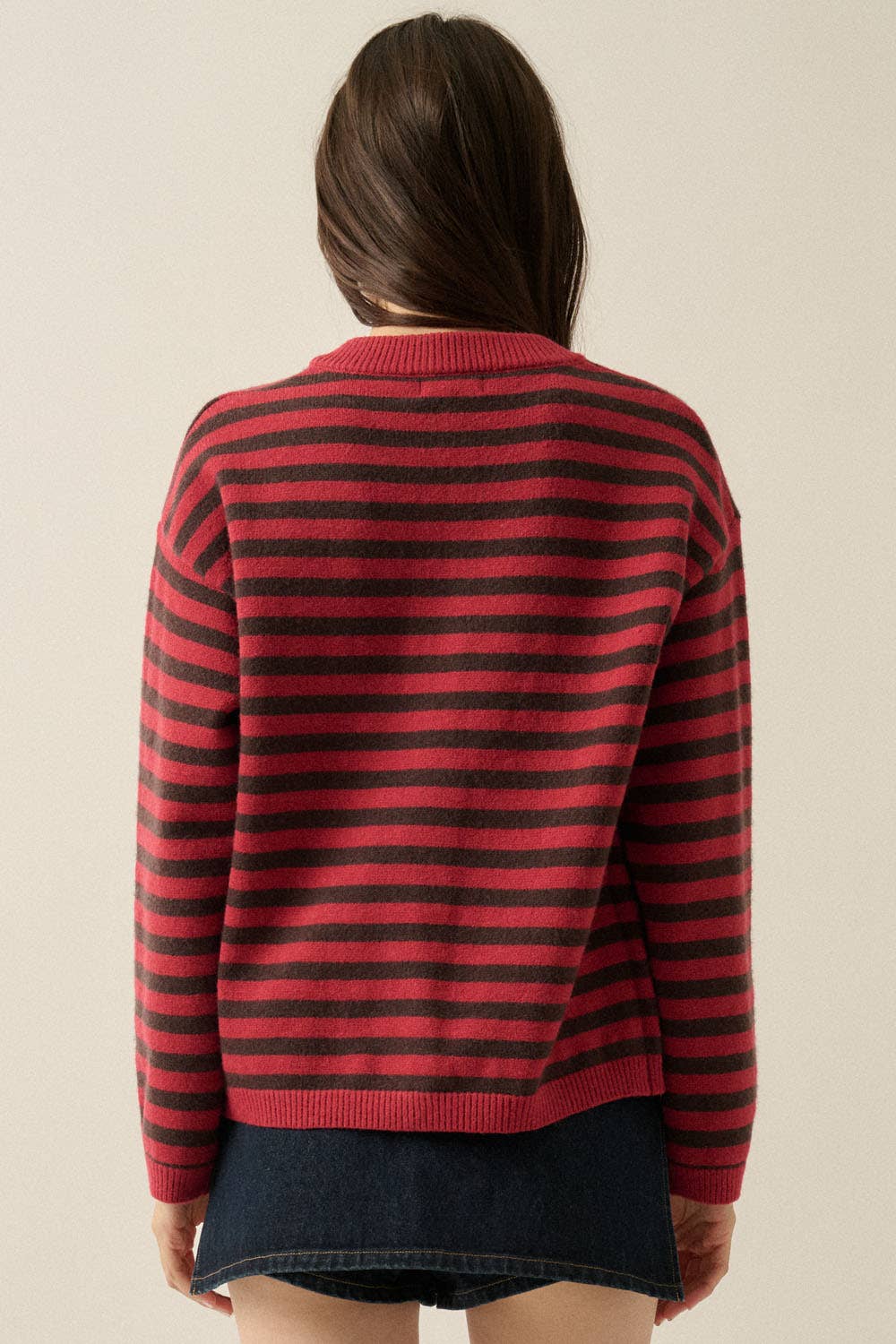 Striped Knit Crewneck Button-Front Relaxed-Fit Cardigan