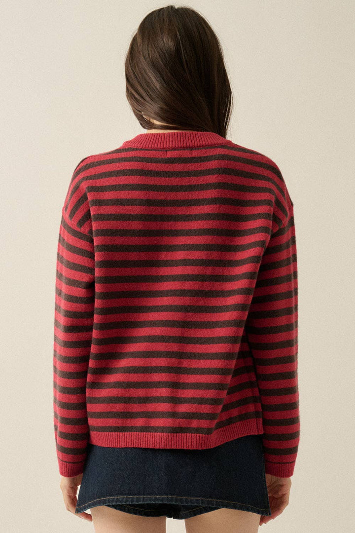 Striped Knit Crewneck Button-Front Relaxed-Fit Cardigan
