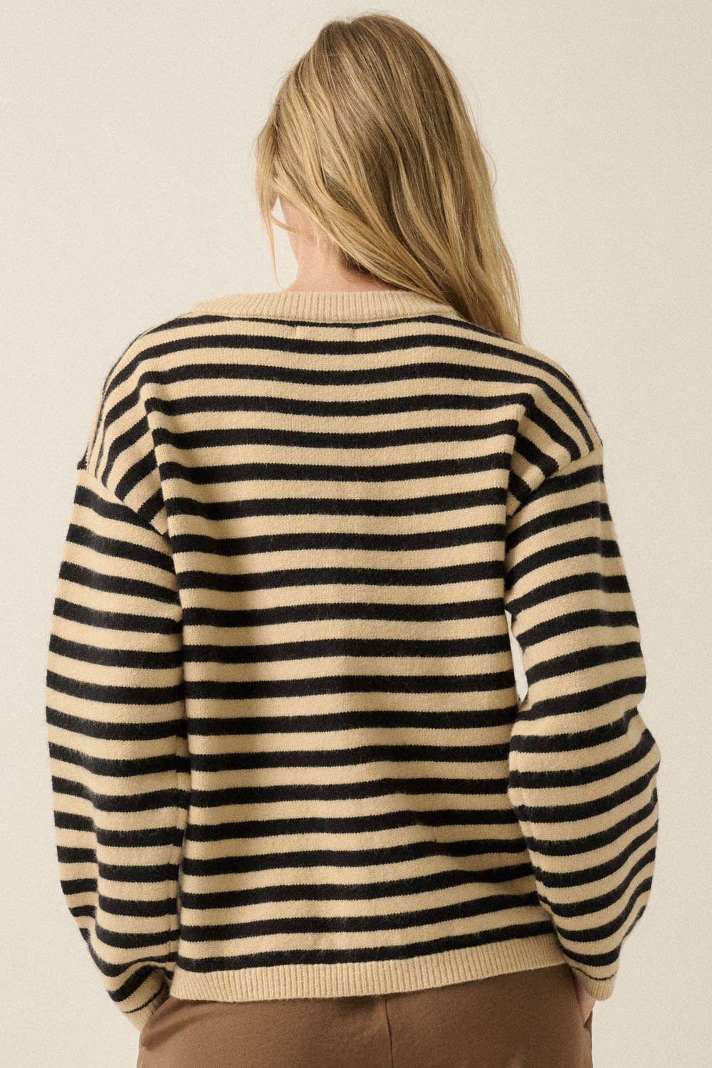 Striped Knit Crewneck Button-Front Relaxed-Fit Cardigan