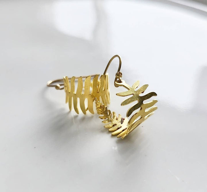 Brass Fern, Olive &amp; Myrtle Leaf, Wheat Hoop Dangle Earrings