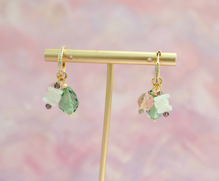 Green &amp; Pink Moonstone Charm Hoop Earrings JM764