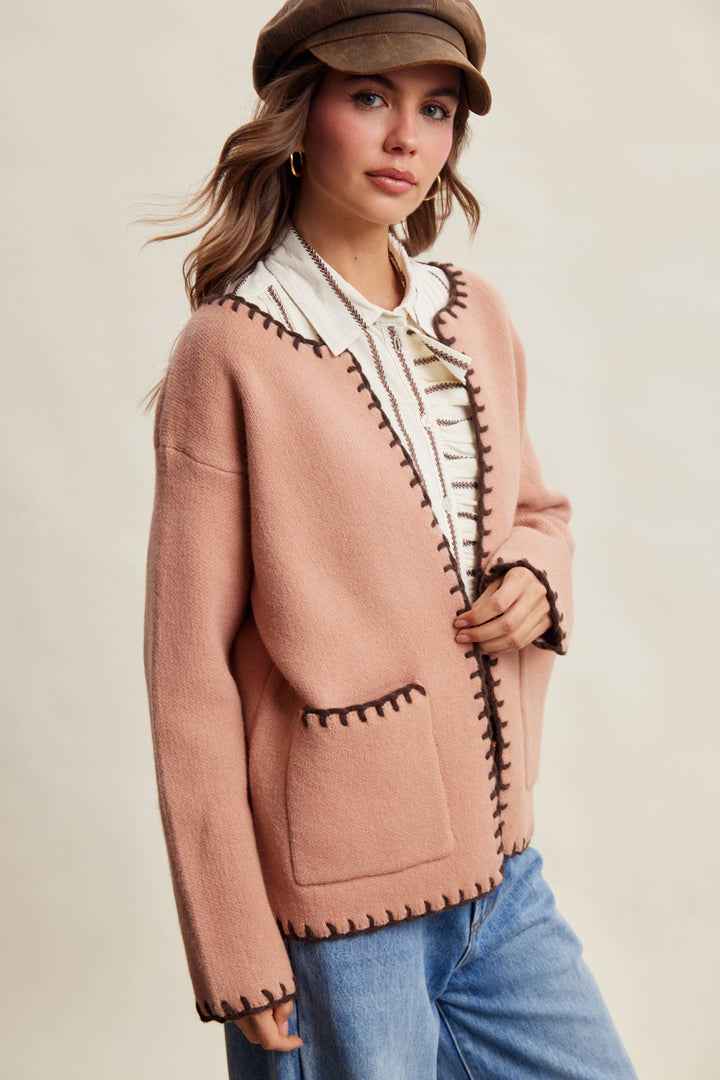 Contrast Whipstitch Knit Cardigan LSW1066