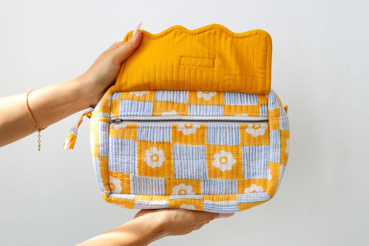 Scalloped Block Print Toiletry Bag Cotton Makeup Travel Case