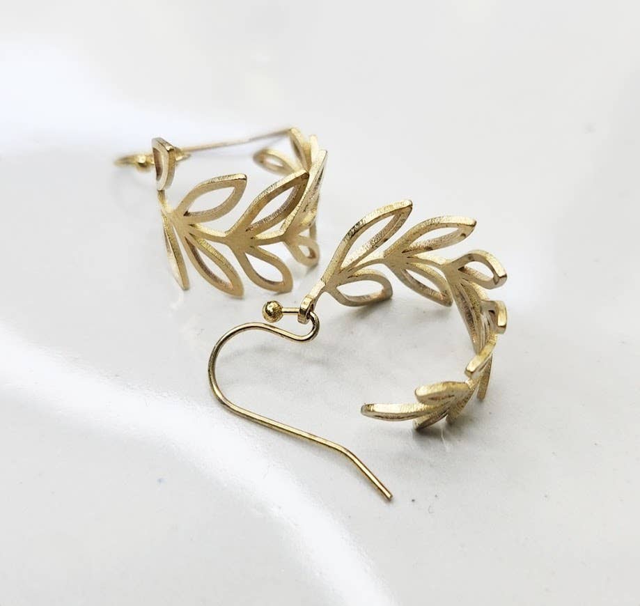 Brass Fern, Olive &amp; Myrtle Leaf, Wheat Hoop Dangle Earrings