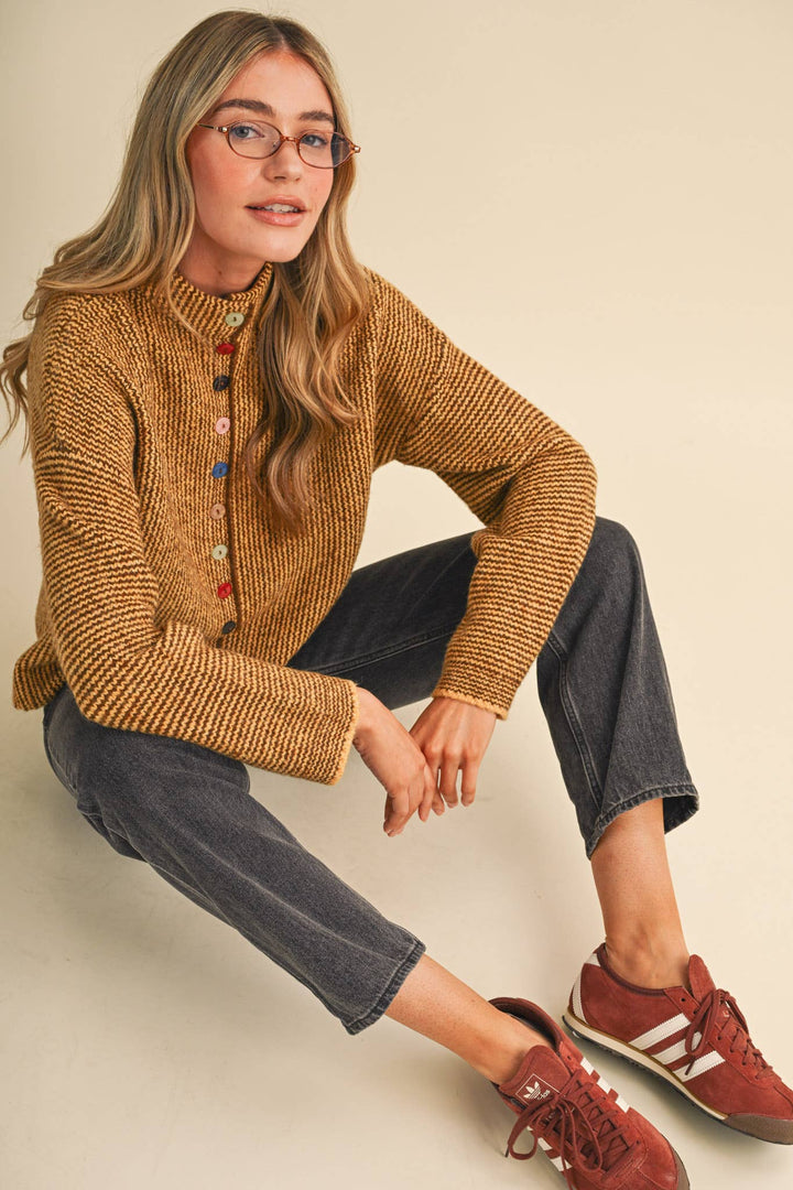 STRIPED SWEATER CARDIGAN WITH COLORFUL BUTTONS MS112