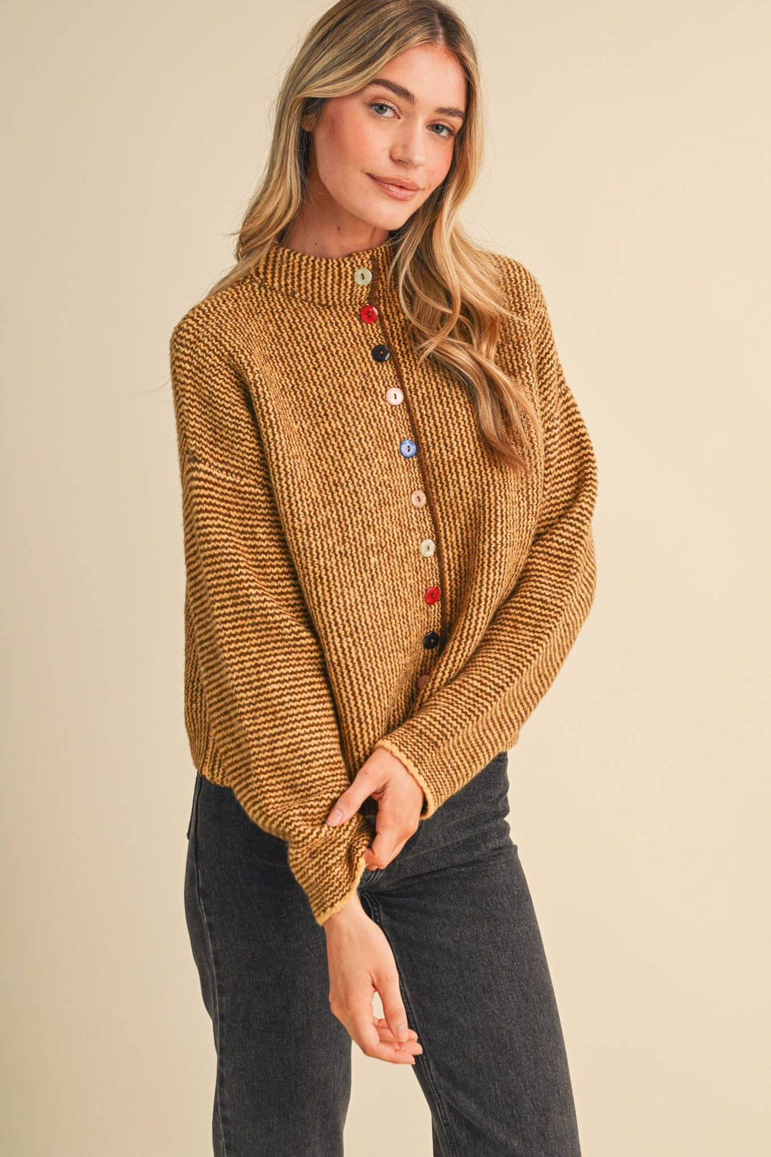 STRIPED SWEATER CARDIGAN WITH COLORFUL BUTTONS MS112