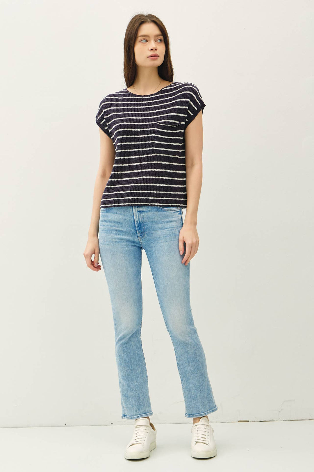 STRIPED CAP SLEEVE SWEATER W FRONT PATCH POCKET BC564