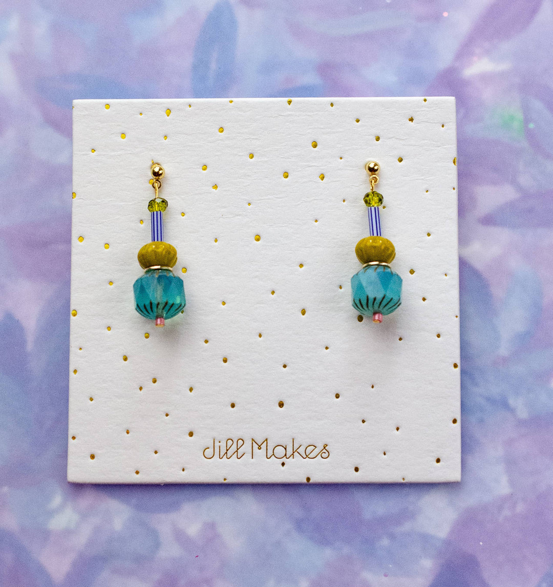 Colorful Teal Beaded Dangle Earrings JM109
